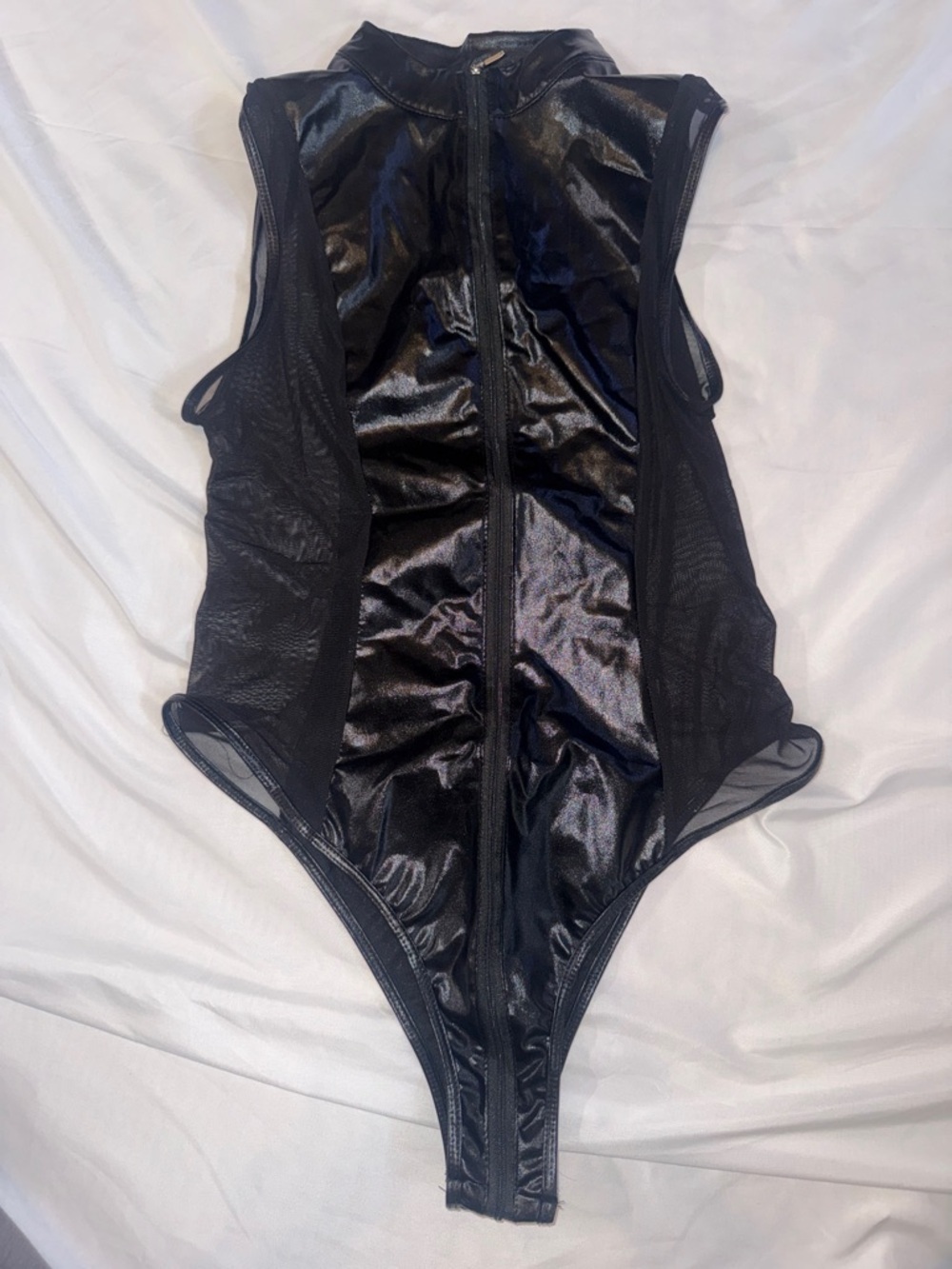 Woman’s Black Shiny Zip-Front Sheer Panel Bodysuit